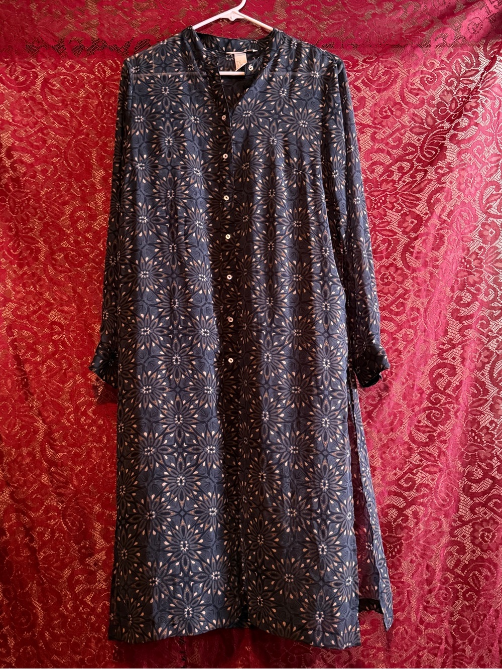 H&M Boho Sheer Geometric Floral Shirt Dress Long Sleeve Midi Tunic Sz 8
